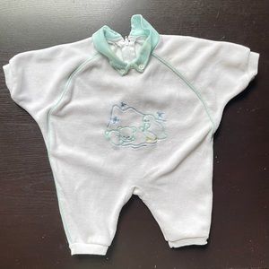 Vintage 80s 90s Seafoam Green White Embroidered Zip Up One Piece Footless